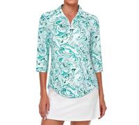 Tanst Sky Womens Golf Polo Shirts Zipper 3/4 Sleeve Moisture Wicking Tops UPF 50+ Workout Tennis Apparel, 3/4 Sleeve Wavy Green, L