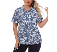 Tanst Sky Women's Plus Size Golf Polo Shirts Zip Up Short Sleeve Tops Loose Fit UPF 50+ Tennis Workout Apparel XL-5XL, Blue-base White Leaf, 5XL Plus