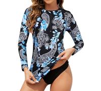Tanst Sky Women's Rash Guard Swim Top Long Sleeve Bathing Suits UV Shirt Zipper Rashguard Swimsuit, Floral Blue, Large