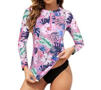 Tanst Sky Women's Rash Guard Swim Top Long Sleeve Bathing Suits UV Shirt Zipper Rashguard Swimsuit, Floral Pink, Medium