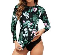 Tanst Sky Women's Rash Guard Swim Top Long Sleeve Bathing Suits UV Shirt Zipper Rashguard Swimsuit, Pink Floret, Large