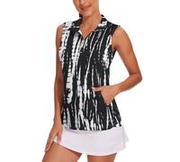 Tanst Sky Women's Sleeveless Golf Shirt Quick Dry Zip Up Workout Tennis Tops with Pockets, Black White Tie Dye, M