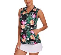 Tanst Sky Women's Sleeveless Golf Shirt Quick Dry Zip Up Workout Tennis Tops with Pockets, Green Leaf Yellow Floral, XXL