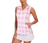 Tanst Sky Women's Sleeveless Golf Shirt Quick Dry Zip Up Workout Tennis Tops with Pockets, Pink Plaid, S