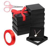 Tanstic 12Pcs Cardboard Jewelry Gift Boxes Kit, 3.5 x 3.5 x 1.2 Inch Black Gift Boxes Cardboard Jewelry Boxes with 74ft Red Ribbon and Scissor for Rings, Necklaces, Earrings, Bracelets