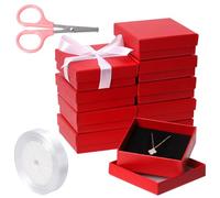 Tanstic 12Pcs Cardboard Jewelry Gift Boxes Kit, 3.5 x 3.5 x 1.2 Inch Red Gift Boxes Cardboard Jewelry Boxes with 74ft White Ribbon and Scissor for Rings, Necklaces, Earrings, Bracelets