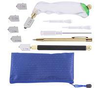 Tanstic 13Pcs Glass Cutting Tool Kit, Pistol Grip & Pencil Style Glass Cutter, 3 Sizes Cutter Heads(2-20mm), Tungsten Scribe Pen, Oil Dropper, Screwdriver with Blue Storage Bag for Glass Cutting