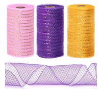 Tanstic 3 Rolls Mesh Ribbon, Christmas Deco Mesh Metallic Foil Pink Gold Purple Mesh Ribbon Rolls for Wreaths, Gift Wrapping, Party Decorations (6 Inch x 10 Yards Per Roll)