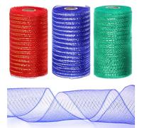 Tanstic 3 Rolls Mesh Ribbon, Christmas Deco Mesh Metallic Red Green Navy Blue Mesh Ribbon Rolls for Wreaths, Gift Wrapping, Party Decorations (6 Inch x 10 Yards Per Roll)