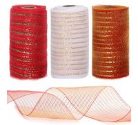 Tanstic 3 Rolls Mesh Ribbon, Metallic Foil White Red Green, 6 Inch x 10 Yards Each, Perfect for Wreaths, Gift Wrapping, Party Decorations