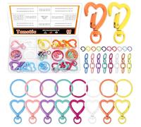 Tanstic 32Pcs Flat Key Ring & Heart Shape Swivel Buckles Kit, Heart Shape Swivel Keychain Split Key Ring with 20pcs Open Jump Rings and 16pcs Chain for Keyrings Bag DIY Craft(Multicolor)