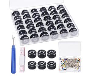 Tanstic 36Pcs Black Prewound Bobbins, Size A Prewound Bobbin Thread with Bobbin Case, 100Pcs Sewing Pins, Seam Ripper, Ruler for Embroidery and Sewing Machines