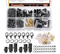 Tanstic 430Pcs Black Ribbon Ends Fastener Clasps Kit, Bookmark Pinch Crimp Ends with Open Jump Rings, Lobster Claw Clasps, Chain Extenders and Pendant Charms for DIY Crafts