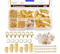 Tanstic 430Pcs Gold Ribbon Ends Fastener Clasps Kit, Bookmark Pinch Crimp Ends with Open Jump Rings, Lobster Claw Clasps, Chain Extenders and Pendant Charms for DIY Crafts