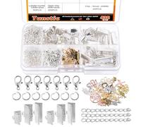 Tanstic 430Pcs Silver Ribbon Ends Fastener Clasps Kit, Bookmark Pinch Crimp Ends with Open Jump Rings, Lobster Claw Clasps, Chain Extenders and Pendant Charms for DIY Crafts