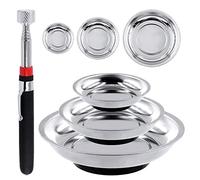 Tanstic 4Pcs Round Magnetic Trays Set with Magnetic Pick Up Tool, 3" 4" 6" Stainless Steel Magnet Trays Tools Parts Tray Holder, Telescoping Pick Up Tool Telescopic Magnet Stick for Metal Parts