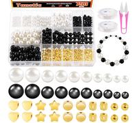 Tanstic 753Pcs Pearl Beads Kit, 4mm 6mm 8mm 10mm 12mm White Black Round Pearl Beads with Gold Spacer Bead for Jewelry Making DIY Pearls Bracelet Kit for Adults