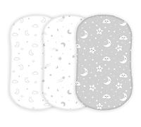 TansyPanda Halo Bassinet Sheets for BassiNest Luxe Swivel, Soothing, Swivel, Lite, Essential Sleeper, 3 Pack, 33 X 17 Inch, Ultra Soft, Snug Fit, Unisex Boys Girls, Gray White (Moon, Stars, Clouds)