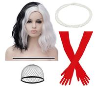 TANTAKO Black and White Cosplay, Half Black and Half White Wig with 1920s Red Gloves and Holder/Pearl Necklace(A)