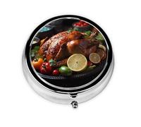 Tantalizing Roast Turkey Printed Round Mini Pillbox â€“ Portable Travel Metal Pillbox, Fits in Pocket or Wallet