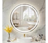 TANTEC 700mm Round Bathroom Mirror with LED Lights, Anti-Fog, 3 Colors Dimmable, Backlit + Front Light, Lighted Bathroom Vanity Mirror for Wall, Shatterproof Tempered Glass, Memory Function