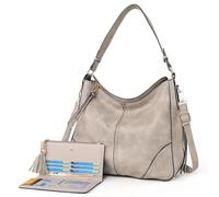 TANTOMI Hobo Bag for Women, PU Leather Crossbody Purse and Wallet Set Bucket Handbags Shoulder Bag with 2 Strap, Gray