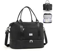 TANTOMI Women's Travel Bag with Extra Storage Space on the Bottom, Waterproof Weekender Travel Bag with Shoe Compartment and Dry Separation, Ideal Weekender Bag, black