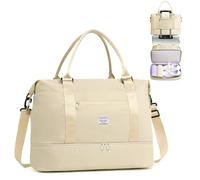 TANTOMI Women's Travel Bag with Extra Storage Space on the Bottom, Waterproof Weekender Travel Bag with Shoe Compartment and Dry Separation, Ideal Weekender Bag, beige