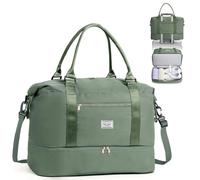 TANTOMI Women's Travel Bag with Extra Storage Space on the Bottom, Waterproof Weekender Travel Bag with Shoe Compartment and Dry Separation, Ideal Weekender Bag, Green