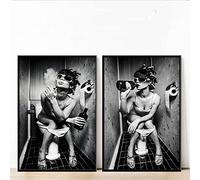 TANYANG Black And White Sexy Woman Sitting On The Toilet Smoking Poster Mural 2 Pieces Wall Art Canvas Painting Bathroom Home Decoration 12"X16" No Framed
