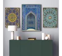 TANYANG Retro Moroccan Blue Wall Art Vintage Posters Prints Ceiling Hafez Tomb Retro Modern Mosque Persian Canvas Painting Pictures Home Decor 14"X20"X3Pcs No Framed