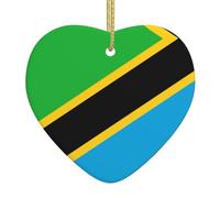 Tanzania Flag Ceramic Christmas Heart Pendant, The Pottery Piece is Available with Silk Thread