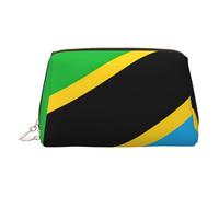 Tanzania Flag Print Leather Cosmetic Pouch, Leather Makeup Bag for Purse with Top Zip Closure Stylish Toiletry Bag