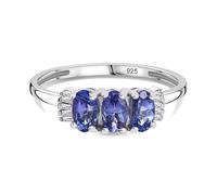 Tanzanite & White Diamond Three-Stone Ring in Rhodium-Plated Sterling Silver - Elegant Oval-Cut Gemstone Ring - December Birthstone - Size S