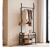 TAO ONE Clothing Rack with Wheels - Rolling Freestanding Garment Clothing Racks in Wheels for Hanging Clothes Shirts- Narrow Sturdy Coat Rack with Metal Basket and Shoe Storage - Black