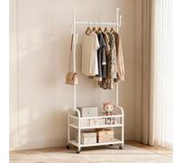 TAO ONE Clothing Rack with Wheels - Rolling Freestanding Garment Clothing Racks in Wheels for Hanging Clothes Shirts- Narrow Sturdy Coat Rack with Metal Basket and Shoe Storage - White