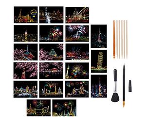 tao Pipe 20PCS Scratch Art Paper DIY Night View Scratchboard Rainbow Painting Art Craft Scratch World Famous City Landmarks DIY Art Set with Tools Kit (A5 Size)