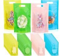 TaoBary 100 Pcs Easter Plastic Treat Bags with Windows Resealable Sealing Bags with Handle Bunny Egg Goodie Gift Pouch Stand Up Candy Bag for Spring Easter Party Gift Wrapping Supplies