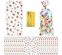 TaoBary 100 Pcs Wildflower Party Cellophane Treat Bags Spring Goodie Bags Floral Candy Plastic Clear Goody Container Flat Bottom Gift Supplies for Baby Bridal Shower Birthday Wedding(Wildflower)