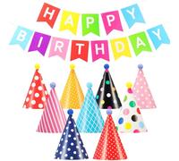 TaoBary 12 Pcs Birthday Party Hats with Pom Poms Rainbow Cone Hats with 9ft Birthday Banner & Sign Rainbow Decorations Party Supplies Fun Photo Props