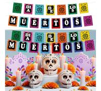 TaoBary 2 Set Day of The Dead Decorations Sugar Colorful Skull Banner Garland for Party, Altar, Halloween Decor Day of The Dead Papel Picado Banner Wall Decor Mexican Party Supplies