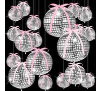 TaoBary 24 Pcs Silver Disco Balloons Different Size with 2 Pink Ribbon, 4d Large Disco Balloon 70s 80s 90s Theme Decorations for Bachelorette Party Birthday Party Silver Decor Supplies