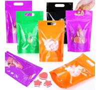 TaoBary 48 Pcs Halloween Treat Gift Bags Plastic Pumpkin Witch Hat Ghost Spider Candy Bags with Handles for Party Favor(Black, Green, Orange, Purple, Opaque)