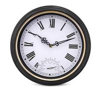 Taodyans Outdoor Wall Clock, 12in Outside Waterproof Garden Clock with Thermometer, IP44 Weatherproof Hanging Clock for Patio, Pool, Porch, Bathroom, Balcony-Not Silent (Black gold)