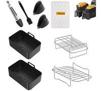 Taodyans Silicone Air Fryer Liner, Dual Air Fryer Accessories, 9pcs for Ninja AF300UK AF400UK Tower T17088, Air Fryer Racks & Paper Lining & Food Tong & Oil Brush & Silicone Gloves (Set of 9)