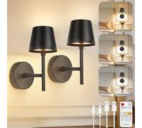 TaoFiaCo Black Rechargeable Wall Light with Remote Control - Battery Operated Wall Lights Indoor for Living Room Bedroom - 3 Color Temperatures Modern Wireless Wall Sconces 2 Pack