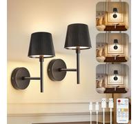 TaoFiaCo Black Rechargeable Wall Light with Remote Control - Modern Battery Operated Wall Lights Indoor for Living Room Bedroom - 3 Color Temperatures Wireless Wall Sconces - Striped Lampshade 2 Pack