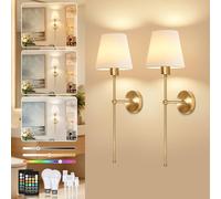 TaoFiaCo Gold Rechargeable Wall Lights with Remote Control - Battery Operated Wall Lights Indoor for Living Room Bedroom - 3 Color Temperatures 8 Color RGB Wireless Wall Sconces - Fabric Shade 2 Pack