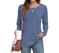 TAOHUADAO Women Long Sleeve Tops Ladies Solid Color Crewneck Ribbed Jumpers Lightweight Button Side Split Sweatershirt L, Royal Blue