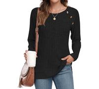 TAOHUADAO Women Long Sleeve Tops Ladies Solid Color Crewneck Ribbed Jumpers Lightweight Button Side Split Sweatershirt L, Black